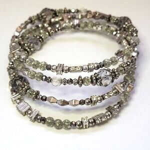 4 Strand Silvertone Beaded Wrap Memory Wire Stacked Bracelet Glass Acrylic Beads